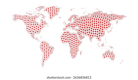 World map made from tiny red hearts, halftone heart and world map combination design