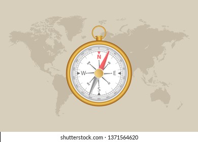 World map and magnetic compass vector illustration.