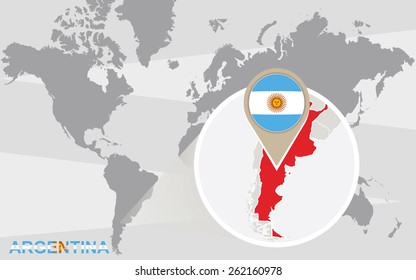 World map with magnified Argentina. Argentina flag and map.