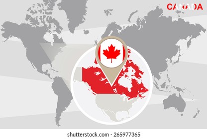 World map with magnified Canada. Canada flag and map.