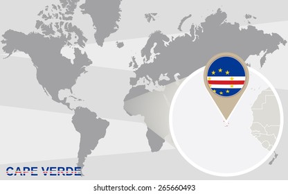 World map with magnified Cape Verde. Cape Verde flag and map.