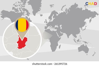 World map with magnified Chad. Chad flag and map.