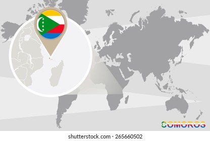 World map with magnified Comoros. Comoros flag and map.