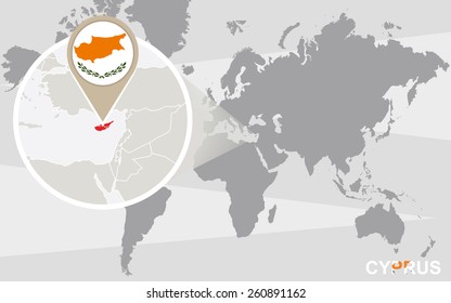 World map with magnified Cyprus. Cyprus flag and map.