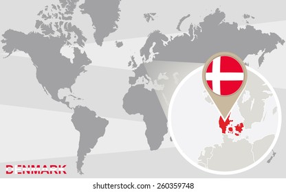 World map with magnified Denmark. Denmark flag and map.
