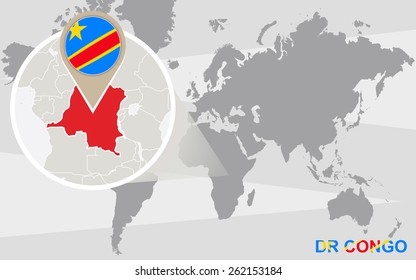 World map with magnified DR Congo. DR Congo flag and map.