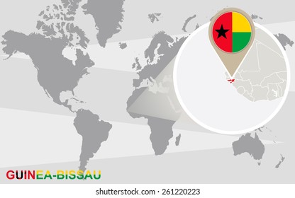 World map with magnified Guinea-Bissau. Guinea-Bissau flag and map.