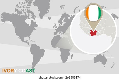 World map with magnified Ivory Coast. Ivory Coast flag and map.