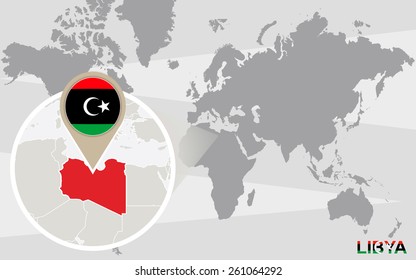 World map with magnified Libya. Libya flag and map.