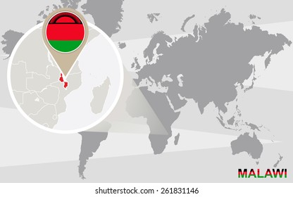 World map with magnified Malawi. Malawi flag and map.