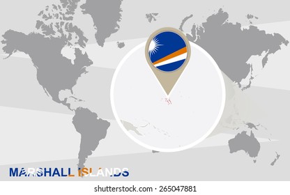 World map with magnified Marshall Islands. Marshall Islands flag and map.
