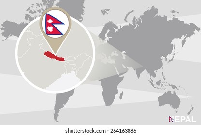 World map with magnified Nepal. Nepal flag and map.