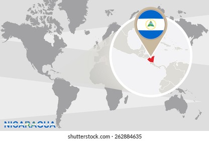 World map with magnified Nicaragua. Nicaragua flag and map.