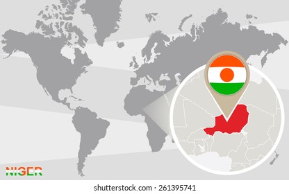 World map with magnified Niger. Niger flag and map.