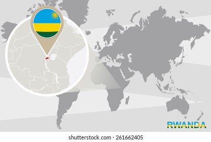 World map with magnified Rwanda. Rwanda flag and map.