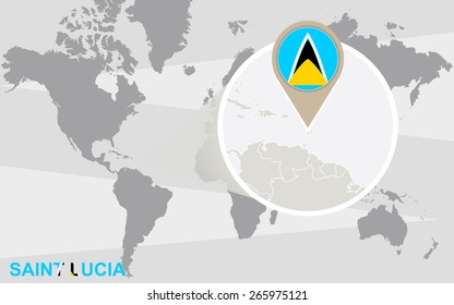 World map with magnified Saint Lucia. Saint Lucia flag and map.