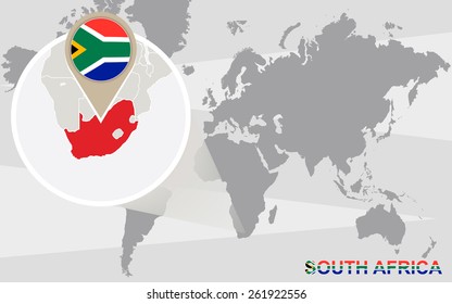 World map with magnified South Africa. South Africa flag and map.