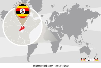 World map with magnified Uganda. Uganda flag and map.