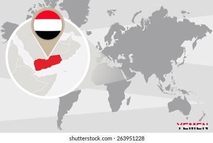 World map with magnified Yemen. Yemen flag and map.