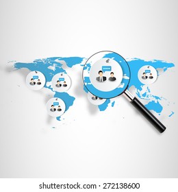World map with magnify targeting. Vector business background
