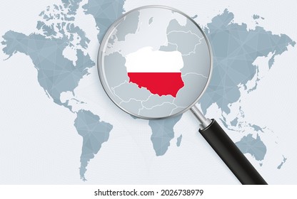 World map with a magnifying glass pointing at Poland. Map of Poland with the flag in the loop. Vector illustration.