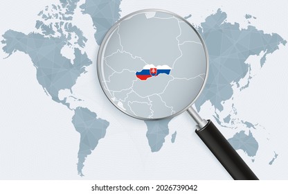 World map with a magnifying glass pointing at Slovakia. Map of Slovakia with the flag in the loop. Vector illustration.