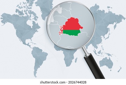 Weltkarte mit Lupe, die auf Weißrussland zeigt. Karte von Belarus mit der Flagge in der Schleife. Vektorgrafik.