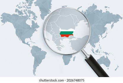 World map with a magnifying glass pointing at Bulgaria. Map of Bulgaria with the flag in the loop. Vector illustration.