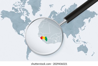 World map with a magnifying glass pointing at Guinea. Map of Guinea with the flag in the loop. Vector illustration.