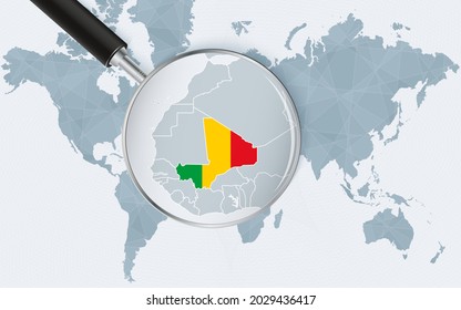 Weltkarte mit Lupe, die auf Mali zeigt. Karte von Mali mit der Flagge in der Schleife. Vektorgrafik.
