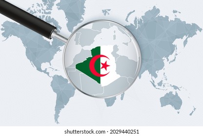 Weltkarte mit Lupe, die auf Algerien zeigt. Karte von Algerien mit der Flagge in der Schleife. Vektorgrafik.