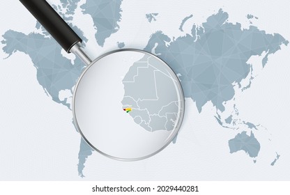 World map with a magnifying glass pointing at Guinea-Bissau. Map of Guinea-Bissau with the flag in the loop. Vector illustration.