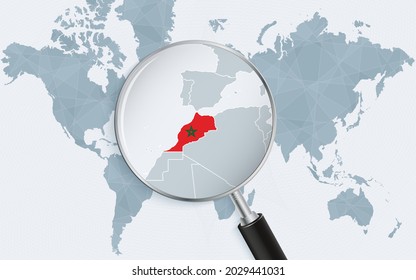 World map with a magnifying glass pointing at Morocco. Map of Morocco with the flag in the loop. Vector illustration.
