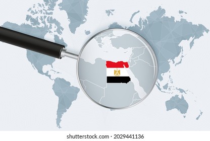 World map with a magnifying glass pointing at Egypt. Map of Egypt with the flag in the loop. Vector illustration.