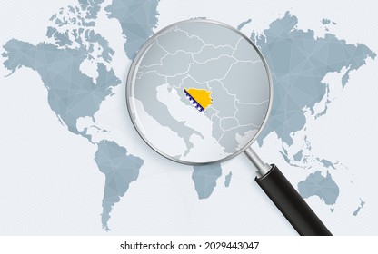 World map with a magnifying glass pointing at Bosnia and Herzegovina. Map of Bosnia and Herzegovina with the flag in the loop. Vector illustration.