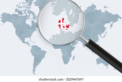 World map with a magnifying glass pointing at Denmark. Map of Denmark with the flag in the loop. Vector illustration.