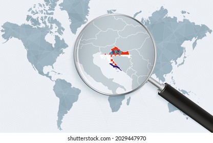 World map with a magnifying glass pointing at Croatia. Map of Croatia with the flag in the loop. Vector illustration.