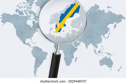 World map with a magnifying glass pointing at Sweden. Map of Sweden with the flag in the loop. Vector illustration.