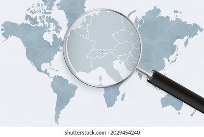 World map with a magnifying glass pointing at Liechtenstein. Map of Liechtenstein with the flag in the loop. Vector illustration.