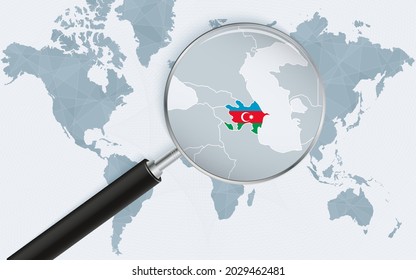 World map with a magnifying glass pointing at Azerbaijan. Map of Azerbaijan with the flag in the loop. Vector illustration.