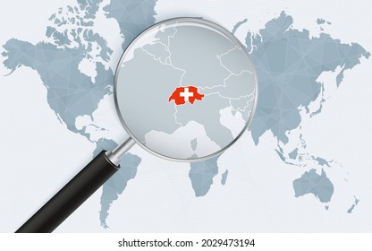 World map with a magnifying glass pointing at Switzerland. Map of Switzerland with the flag in the loop. Vector illustration.