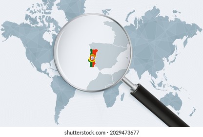 World map with a magnifying glass pointing at Portugal. Map of Portugal with the flag in the loop. Vector illustration.