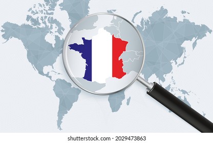 World map with a magnifying glass pointing at France. Map of France with the flag in the loop. Vector illustration.