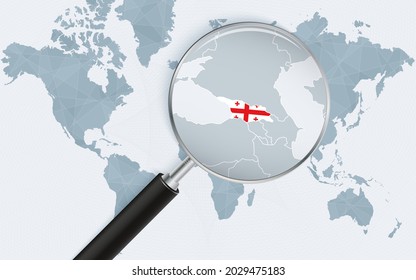 World map with a magnifying glass pointing at Georgia. Map of Georgia with the flag in the loop. Vector illustration.