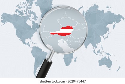 World map with a magnifying glass pointing at Austria. Map of Austria with the flag in the loop. Vector illustration.