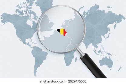 World map with a magnifying glass pointing at Belgium. Map of Belgium with the flag in the loop. Vector illustration.