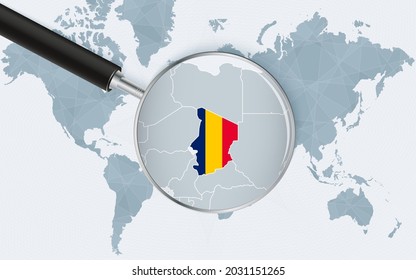 World map with a magnifying glass pointing at Chad. Map of Chad with the flag in the loop. Vector illustration.