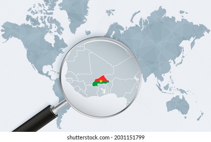 Weltkarte mit Lupe, die auf Burkina Faso zeigt. Karte von Burkina Faso mit der Flagge in der Schleife. Vektorgrafik.