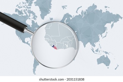 World map with a magnifying glass pointing at Liberia. Map of Liberia with the flag in the loop. Vector illustration.