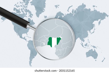 World map with a magnifying glass pointing at Nigeria. Map of Nigeria with the flag in the loop. Vector illustration.